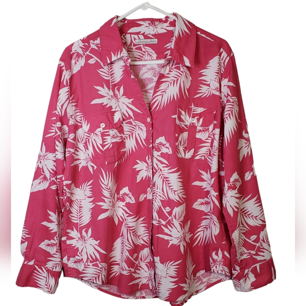 Jamaica Jaxx Womens Linen Blend Floral Pink White Shirt Roll Up Sleeves Size XL
